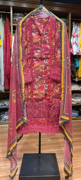 Pakistani Original Sadabahar Luxury Lawn Laceworok-Cutwork Stitched 3Pcs _ Maroon 